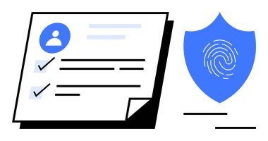 Veri koruması için bir kalkan ve parmak iziyle eşleştirilmiş tamamlanmış kontrol listesi olan kullanıcı profili. Güvenlik, gizlilik, kimlik, kimlik doğrulama, teknoloji için ideal