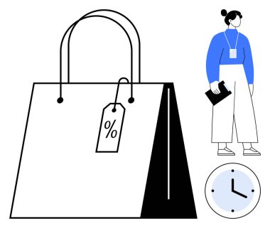 Yüzdelik etiketli büyük bir alışveriş çantası, kimlik kartı takan biri ve saat tasarımı. Perakende, satış, zaman yönetimi, alışveriş, moda, pazarlama indirimleri için ideal