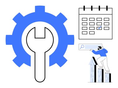 İngiliz anahtarı optimizasyonu sembolize eden vites, takvimde zaman çizelgesi olan takvim, iyileştirmeyi hedefleyen kişi. Hedef belirleme, üretkenlik, planlama, iş akışı ve iş için ideal