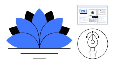 Kalem ve UI tasarım elementlerinin yanında soyut taç yaprakları olan mavi nilüfer çiçeği. Markalaşma, yaratıcılık, dijital sanat, web tasarımı, yenilik, uyum, iş büyümesi için ideal. Basit düz metafor