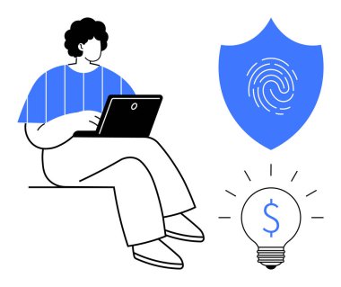 Dizüstü bilgisayar kullanan biri, güvenlik için parmak izi olan bir kalkan, finansal fikirler için bir dolar işareti kullanan biri. Teknoloji, güvenlik, yenilik, finans, üretkenlik, yaratıcılık stratejisi için ideal