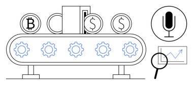 Bitcoin ve dolar sikkeleri konveyör bandında işlendi, vitesler, büyüteç analizi grafiği, mikrofon girişi. Fintech, üretim, otomasyon, analiz, kripto para birimi, iş için ideal