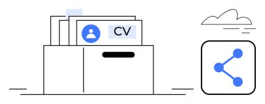 Bulut ögesine bağlı bir ağ paylaşım simgesinin yanında kullanıcı profili simgelerini içeren kutu devam ediyor. İşe alım, insan kaynakları, iş arama, veri yönetimi, ağ oluşturma, bulut depolama, basit