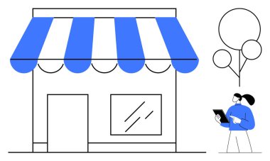 Çizgili tenteli, penceresi ve kapısı olan küçük bir dükkan. Yanında ağaçlarla eşleştirilmiş tablet tutan kişi. Perakende satış, yerel işletme, girişimcilik, sürdürülebilirlik pazarlama e-ticaret için idealdir.