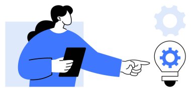 Elinde tablet olan kadın, içinde bir dişli bulunan ampulü işaret ediyor, fikirleri, takım çalışmasını ve yenilikleri temsil ediyor. İş, strateji, liderlik, yaratıcılık, teknoloji eğitimi için idealdir.