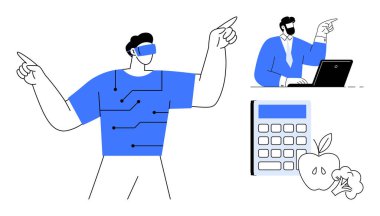 Devre detaylarına sahip VR kulaklık kullanan biri, dizüstü bilgisayar, hesap makinesi, elma ve brokoli üzerinde çalışan bir profesyonel. Teknoloji, uzak çalışma, yenilik, sağlık eğitimi yaşam tarzı için ideal