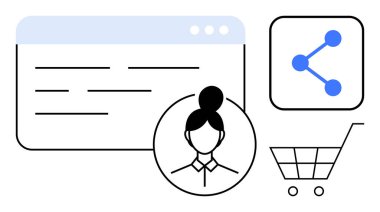 Kullanıcı profili, tarayıcı arayüzü, alışveriş arabası ve paylaşım simgesi e-ticareti, ağ oluşturmayı ve dijital bağlantıyı sembolize eder. Çevrimiçi perakende satış, iletişim ve pazarlama UX işi için ideal