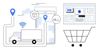 Teslimat kamyonu, yer belirleme iğneli tabletler, kablosuz semboller, çevrimiçi analizler ve alışveriş arabası. Lojistik, nakliye, izleme, e-ticaret veri entegrasyonu akıllı teknoloji arzı için ideal