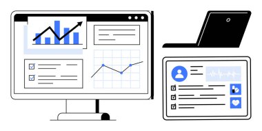 Bilgisayar ekranında grafikler, dizüstü bilgisayarlar ve sağlık paneli var. Analiz, teknoloji, sağlık, verimlilik, organizasyon araştırmaları ve iletişim için ideal. Basit düz