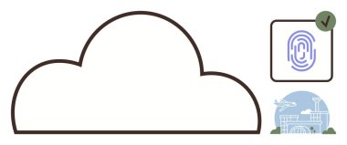 Güvenli parmak izi doğrulama ve havaalanı ayarlı seyahat simgesine bağlı bulut çizgisi. Siber güvenlik, bulut depolama, veri koruması, biyometrik kimlik doğrulama, seyahat güvenliği için ideal