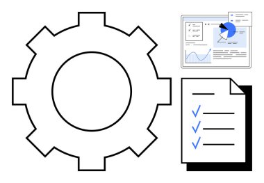 Vites sembolü, grafik ve pasta grafikli analitik panel ve iş akışı, verimlilik ve organizasyonu işaret eden işaretli kontrol listesi. Proje yönetimi ve süreç optimizasyonu için ideal