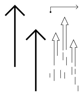 Yukarı bakan dik oklar, ince çizgiler ve yön oku ilerlemeyi, gelişmeyi, hareketi ve rehberliği gösterir. İş, teknoloji, liderlik başarı stratejisi için idealdir.