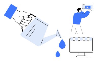 El sulama bitkileri metaforu yanında video içeriği ve bilgisayar ekranı tutan bir kişi. Büyüme, yaratıcılık, dijital strateji, eğitim, iş planlaması, fikir geliştirme için ideal