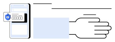 Şifre korumalı akıllı telefon, el hareketi ve güvenlik kalkanı. Teknoloji, siber güvenlik, kimlik doğrulama, gizlilik, mobil uygulama, basit veri koruması için ideal