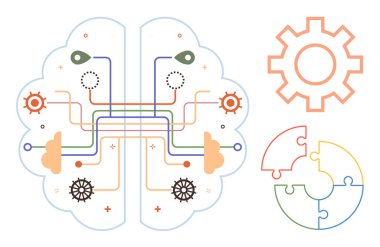 Birbirine bağlı sinir yolları, dişliler ve bulmaca parçalarına sahip beyin yenilik, analiz, öğrenme, bağlantı, problem çözme, verimlilik ve yaratıcılığı sembolize ediyor. Takım çalışması metaforu için ideal