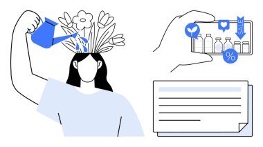 Kadın, kişisel gelişimi simgeleyen çiçeklerin üzerine kafasından su döküyor. El ele tutuşan akıllı telefonlar dijital alışveriş ikonlarını gösteriyor. Öğrenmek için not defteri. İdeal