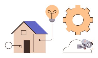 Ev ekipman, ampul, anahtar, bulut ve kamera ile bağlantılı. Akıllı teknoloji entegrasyonunu temsil ediyor. Otomasyon, güvenlik, verimlilik, yenilik, bağlantı, modern yaşam için idealdir. Basit.