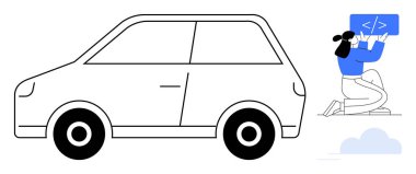 Dijital ekranda kodlama yapan, yeniliği temsil eden bir kadının olduğu kompakt araba taslağı. Otomotiv teknolojisi, kodlama, otomasyon, fütüristik kavramlar, otonom araçlar, IOT, basit