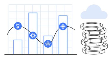 Mevsimsel simgeler ve para yığını ve bulutun yanında büyümeyi vurgulayan eğilim çizelgesi işaretli. İş analizleri, finansal planlama, ekonomi, büyüme izleme ve hava durumu etkileri için ideal