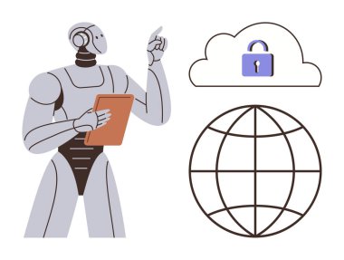 Robot, kilitli bir bulut ve küreyi işaret ediyor. Siber güvenliği, yapay zekayı ve küresel bağlantıyı simgeliyor. Veri koruması, yapay zeka, yenilik, teknoloji, bulut hizmetleri dijital için ideal