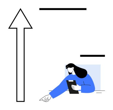 Bir kadın tablet tutuyor ve gelişimi, ilerlemeyi ya da yönü sembolize eden yukarı doğru çıkan kalın bir oku işaret ediyor. İş için ideal, hedef belirleme, motivasyon, strateji, planlama, liderlik