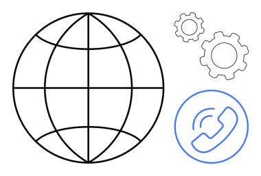 Telefon sembolü ve ekipman öğelerine sahip dünya simgesi teknoloji, ağ ve müşteri hizmetlerini gösteriyor. Küresel bağlantı, destek, takım çalışması, yenilik, bilişim, basit iniş sayfası için ideal
