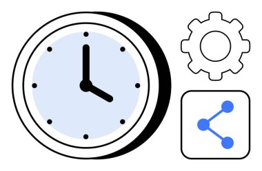 Saati, vitesi, bağlantı ayarlarını ve ağ simgesini simgeliyor. Üretkenlik, iş akışı, verimlilik, teknoloji, ağ oluşturma, planlama ve basit iniş sayfası için ideal