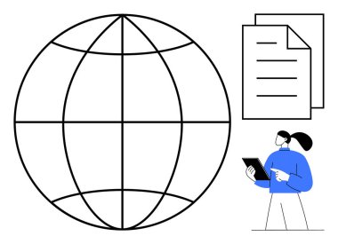 Büyük bir küre şebekesi, iki istiflenmiş belge ve bir tablet üzerindeki profesyonel analiz verileri. Teknoloji, iletişim, küresel iş, takım çalışması, eğitim, analiz basit iniş sayfası için ideal