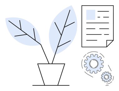 Bir belgenin yanında büyümeyi sembolize eden iki yapraklı saksı bitkisi ve işlemleri ve sistemleri gösteren birbirine kenetlenmiş dişliler. Sürdürülebilirlik, yenilik, iş, iş akışı, ekoloji ve eğitim için ideal