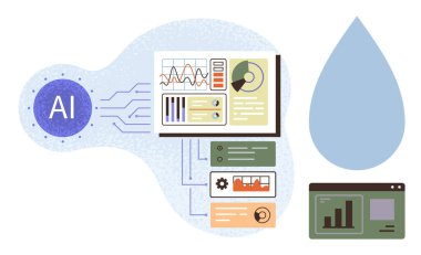 Grafiklere, grafiklere, gösterge panellerine ve ekolojik yeniliği simgeleyen su damlasına bağlı yapay zeka çipi. Yapay zeka, veri bilimi, analitik, makine öğrenimi, sürdürülebilirlik teknolojisi yeniliği için ideal