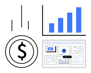 Çubuk grafik büyümeyi temsil eder, dolar işareti finansmanı simgeler ve gösterge paneli de veri içgörülerini. İş, yatırım, analiz, ekonomi, finans pazarlama ve teknoloji için idealdir. Basit düz