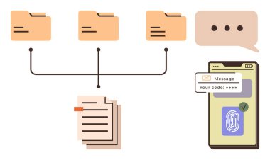 Belgelere, konuşma balonuna, parmak izli akıllı telefona ve 2FA mesajına bağlı dosya dizinleri. Güvenli veri işleme, iş akışı, depolama, iletişim, gizlilik, siber güvenlik ve dijital için ideal