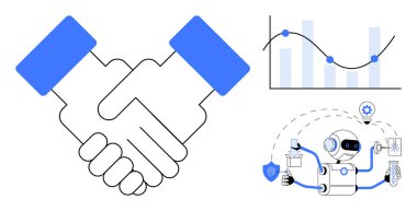 Ortaklığı simgeleyen tokalaşma, veri eğilimlerini gösteren çizelge ve otomasyon için robot illüstrasyonu. Takım işbirliği, yenilik, teknoloji, analitik, otomasyon, strateji ilerlemesi için ideal