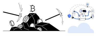 Bozuk para çıkaran kripto para çıkarma araçları, engelleme sembolü, veri yöneten yapay zeka robotu, işlem güvenliği. Kripto para birimi, engelleme zinciri, yapay zeka, madencilik, fintech otomasyon dijital ekonomi için ideal