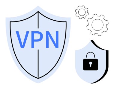 VPN 'li büyük kalkan, kilitli küçük kalkan, güvenlik, şifreleme ve teknolojiyi sembolize eden iki vites. Siber güvenlik, gizlilik, teknoloji, yazılım yapılandırması için ideal