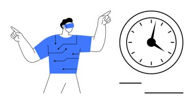 VR kulaklık takan ve bağlı devre kaplamalı biri saati işaret ediyor. Teknoloji, yenilik, zaman yönetimi, gelecek, sanal gerçeklik, ilerleme, dijital dönüşüm için ideal. Basit.