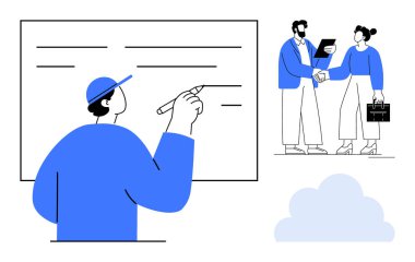 Beyaz tahtada yazan kişi ve iki profesyonel el sıkışıyor, işbirliğini, takım çalışmasını ve öğrenmeyi vurguluyor. Eğitim, iş, koçluk, kariyer, işyeri danışmanlığı için ideal