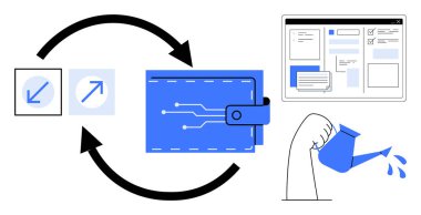 Devre çizgileri olan dijital cüzdan, çift yönlü oklar, kullanıcı arayüzü simgeleri, el ele tutuşan sulama kutusu. Finans, büyüme, yatırım, teknoloji, karşılıklı dijital işlemler tasarrufu için ideal