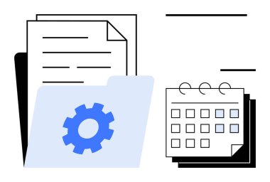 Dosyada vites simgesi olan kağıtlar, spiral ciltleme üzerine bir takvim. Organizasyon, planlama, iş akışı, programlama, verimlilik, veri yönetimi ekip çalışması için ideal. Basit düz metafor