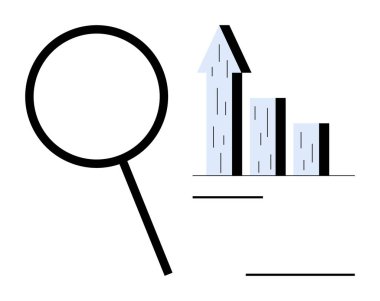 Yukarı doğru ok ile birlikte büyüteç, büyüme, analiz ve veri eğilimlerini simgeliyor. Analiz, büyüme, iş, araştırma, ilerleme, basit iniş sayfalarının izlenmesi için ideal