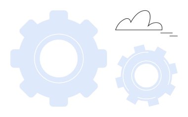 Farklı boyutlarda birbirine kenetlenmiş iki vites ve üzerlerinde minimalist bir bulut takım çalışması, teknoloji ve otomasyon iletir. Yenilik, süreç yönetimi, bulut hesaplama ve işbirliği için ideal