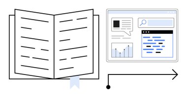 Çizelgeler, arama çubuğu ve metin ile çevrimiçi bir arayüzün yanında kitabı aç. Eğitim, bilgi paylaşımı, araştırma, dijital öğrenme, içerik stratejisi, analitik basit iniş sayfası