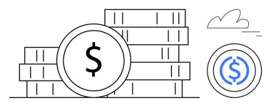Dolar işareti ve dekoratif bulut yüklü bozuk paralar finansmanı, tasarrufu, ekonomik büyümeyi sağlar. Para yönetimi, yatırım, bankacılık, işletme, kar, ekonomi için ideal basit iniş sayfası