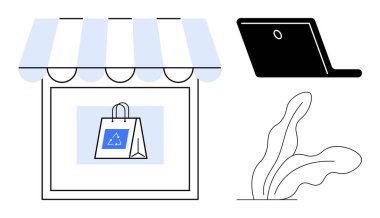 Çevre dostu çantalı, dizüstü bilgisayarlı ve dekoratif fabrikalı bir dükkan. E-ticaret, sürdürülebilirlik, alışveriş, iş, dijital pazarlama çevrimiçi satış mağazaları için idealdir. Modern düz metafor