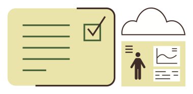 İşaretli görevleri olan kontrol listesi, grafik ve kullanıcı verileri içeren analitik gösterge paneli, dijital organizasyonu sembolize eden bulut simgesi. Üretkenlik, proje yönetimi, iş akışı, takım çalışması, hedef