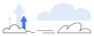 Mavi oklar stilize bulutlardan gökyüzüne doğru yükselirken büyüme ve ilerlemeyi temsil ediyor. İş hedefleri, başarı, yenilik, hırs, strateji, gelişme için ideal, basit düz metafor