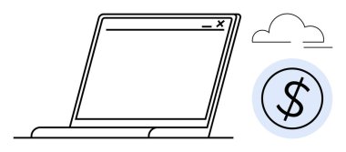 Bulut ve dolar işareti olan dizüstü bilgisayar ekranı, çevrimiçi iş dünyasını, bulut hesaplamasını ve dijital finansmanı simgeliyor. Teknoloji, yenilik, e-ticaret, finans, uzak çalışma bulutları depolama için ideal
