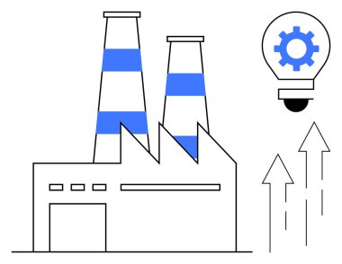 Bacalı sanayi bitkisi, yenilikleri temsil eden ampul ve ilerlemeyi gösteren yukarı doğru oklar. Endüstri, yenilik, büyüme, eğilimler, kalkınma, imalat planlaması için ideal