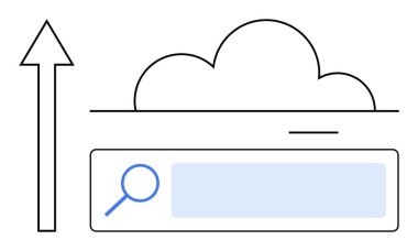 Bulut depolama, yükleme ve arama işlevlerini sembolize eden bir arama çubuğunun üzerindeki bulutun yukarısını gösteren ok. Teknoloji, yenilik, veri güvenliği, otomasyon, yazılım için ideal