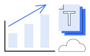Yukarı doğru yükselen çubuk grafik büyümeyi sembolize eder, mavi dosya yığını belge deposunu vurgular ve bulut elemanı çevrimiçi erişimi gösterir. Analiz, dosya düzenleme, bulut kullanımı, dijital depolama için ideal